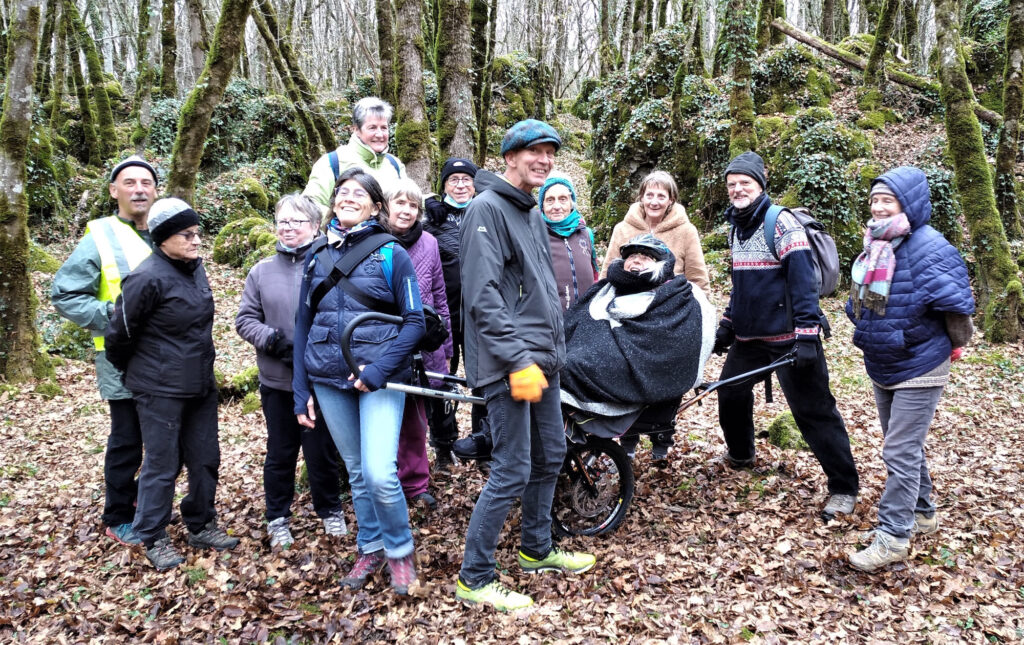 Des personnes valides et une personne à mobilité réduite font une randonnée dans une forêt à l'aide d'une joëlette.